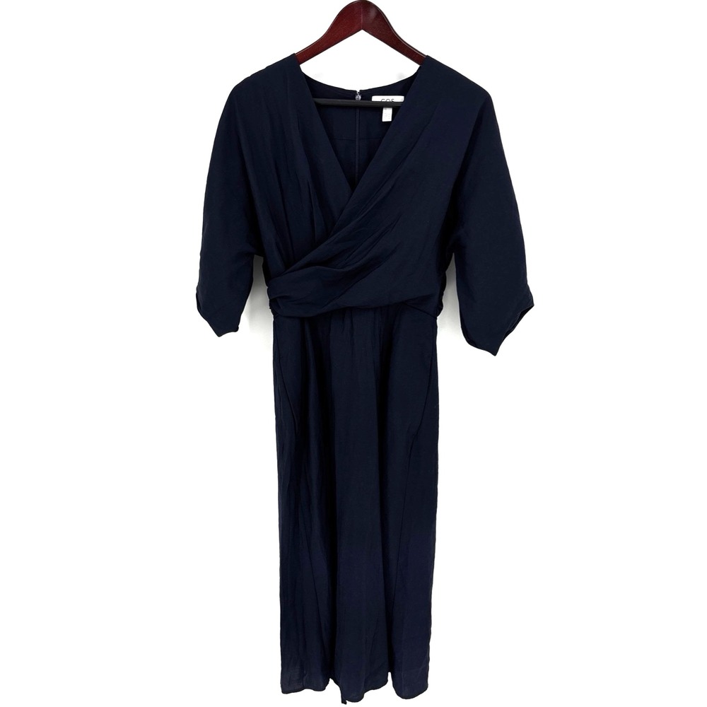 COS Womens Dress US 6 Navy Midi Puff‎ Sleeve V-Neck Modal Lagenlook Work Chic